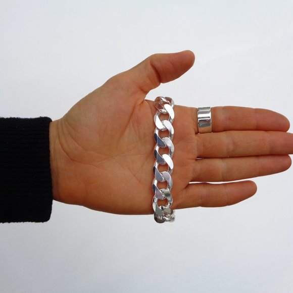 NEW 15mm SOLID 925 Sterling Silver Curb Bracelet Top Quality Made in ITALY 71 gr - Picture 5 of 5